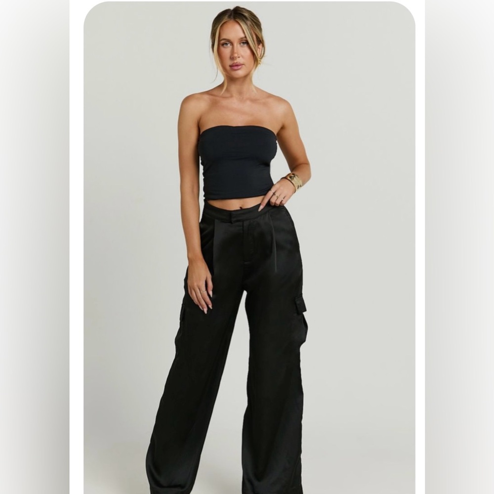 Vintage August Silk Logic Black Satin Cargo Pocket Wide-Leg Dress Pants